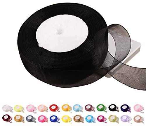 POPOYU Chiffonband Schwarz,25mmx45m Organzaband Schwarz Schleifenband Hochzeit Geschenkband Hochzeit Tüllband Transparent Satinband Schwarz für Weihnachten Hochzeit Taufe Geburtstag