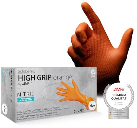 AMPri High Grip Guanti monouso in nitrile, 50 pezzi/scatola, taglia S, arancione, SolidSafety: guanti protettivi extra antiscivolo e resistenti agli agenti chimici nelle taglie S, M, L, XL, XXL