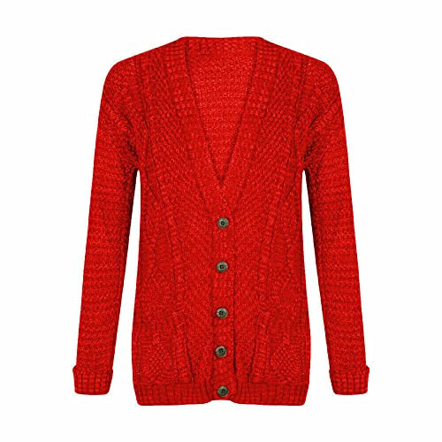 LUXFAB New Womens Everyday Long Sleeve Button Top Ladies Chunky Aran Cable Knit Grandad Cardigan UK Size 8-26 Red