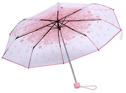MOUMOUTEN Transparenter Faltschirm, Kirschblüten-Regenschirm, Tragbar, Winddicht, Wasserdicht, Reiseschirm, Kirschblüten, Vier Farben Für Damen Und Herren(Rosa)