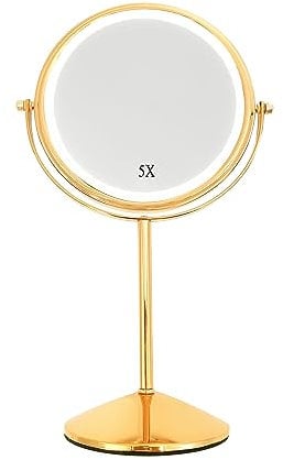 Yarhom Rose Gold Magnifying Mirror for Makeup Desk, 1X/10X Double-Sided Small Vanity Mirror with Lights