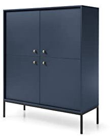 BETTSO - Molly - Hochkommode - 125 cm hoch, 104 cm breit - 4-türig - mit hohen Metallbeinen - Schuhschrank - Kommode - Lowboard - Flurgarderobe - Aktenschrank - Dunkelblau mit Schwarzen Beinen