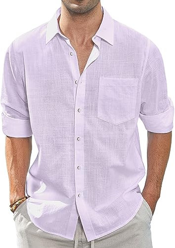 J.VER Leinenhemd Herren Lila Sommerhemd Button Down Freizeithemd Hemdherren Langarm Regular Fit Oberhemden Männer,Lila,L
