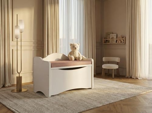 Happy Babies Spielzeugkiste zum Sitzen Sitzbank mit Stauraum Aufbewahrung mit Sitz für Kinder Kindermöbel Weiß