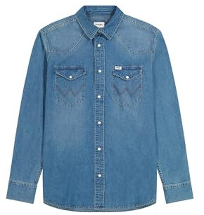 Wrangler Men's LS Western Shirt Casual Shirt, Dark Stone, L, Mid Light Wash, L