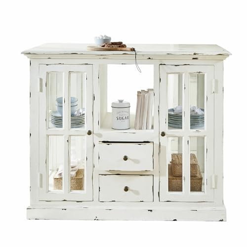 LOBERON Küchenblock Catigny, mit Sprossentüren und Schubladen, nostalgischer Look, aufwendiges Antik-Finish, Küchenschrank, Mangoholz, Gusseisen, Glas, antikweiß