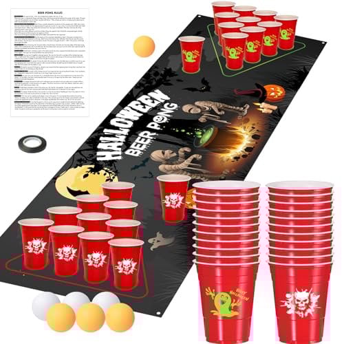 Halloween Beer Pong, Beer Pong Set Halloween Party Drinking Game for Adults, 16oz Plastic Spooky Ghost Skull Cups Pong Game for Halloween Party Activity (Black - Halloween)