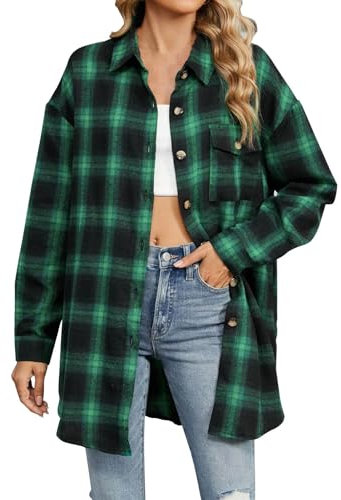 Chemise à carreaux en flanelle boutonnée à manches longues pour femme – Veste ample à carreaux surdimensionnée avec poches – Cardigan en polaire à revers – Vestes baggy décontractées pour petit ami –