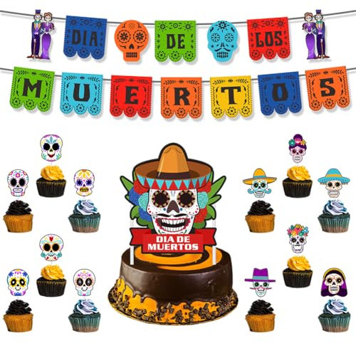 APPCRFM Tag der Toten Party Dekoration, Dekoration Set mit Flagge, Mini-Banner, großem Banner und Haken, orange, purple, black, La Catrina, für Tag der Toten, aus Papier