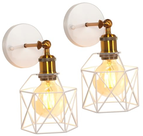 PETITES ECREVISSES Wandleuchte Holz Innen Vintage Wandlampe E27 Industrial Lampe Einstellbarer Lampenschirm 16CM Metall Deckenleuchte für Schlafzimmer Flur Wohnzimmer (Weiß, D-2 Stück)