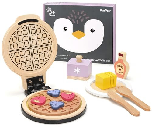 PairPear Waffeleisen aus Holz Spielzeug Lebensmittelsatz Rollenspiel Küchenzubehör Holz Backspielset Frühstücks und Teesets für Kinder Geschenk für Mädchen und Jungen ab 3 Jahren Wooden Waffle Maker