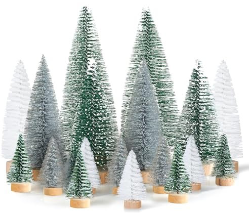 16 Stück Mini Tannenbaum Deko Klein Weihnachtsbaum Grün Silber Weiß, Künstlich Miniatur Weihnachtsbaum Gefrostete Mini Christbaum Tree 4.5/10/15cm für Weihnachtsdeko, Tischdeko, DIY, Weihnachtsdorf