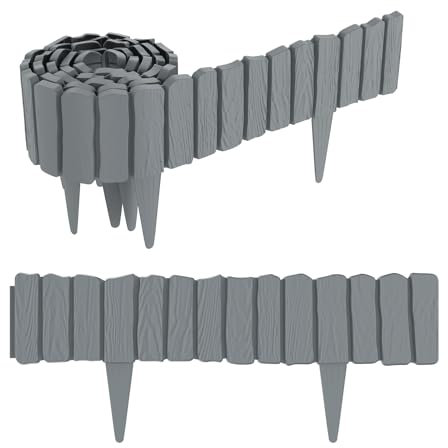 Aufun 2,3m Holzoptik Beeteinfassung zuschneidbar Beetumrandung Rasenkante Palisadenzaun Holzzaun klein Beetbegrenzung Palisaden Deko Gartenpalisade Beetzaun (Grau)