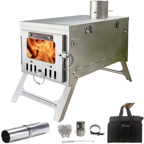 DANCHEL OUTDOOR S6 Folding Camping Stove, 304 Stainless Steel Wood Burning Stove with 7.2ft Chimney, Portable Hot Tent Stove Solo Camping Survival Backpacking, Lightweight & Compact Design