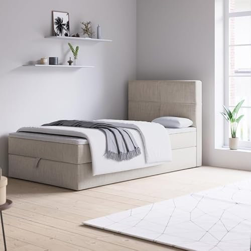 Generisch Boxspringbett NOLA MINI mit Bettkästen mitTopper T25, Einzelbett, Stauraum (Beige: Aura 01, 90 x 200 cm)