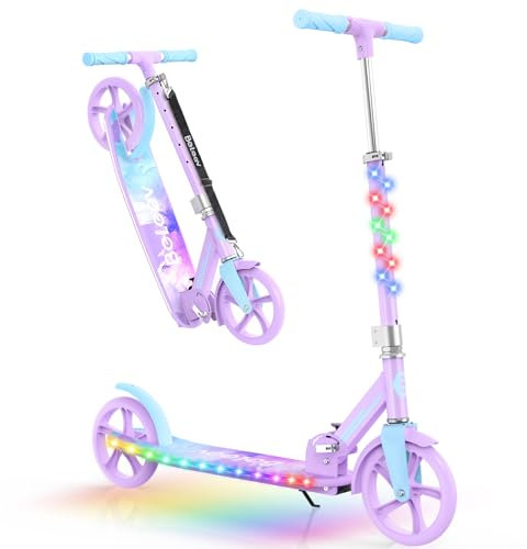 BELEEV V9 Big Wheel Scooter mit LED Leuchtet Lenker & Deck, Roller Kinder 6 Jahre mit Höhenverstellbar, ABEC-9, 200mm Räder, Tragegurt, Faltbare Cityroller Jugendliche & Erwachsene (Blue Purple)