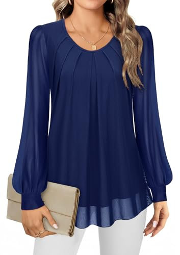 Gemulate Chiffon Tops for Women UK Ladies Tops Evening Blouse for Women UK Long Sleeve Blue Sparkly Top Crew Neck Chiffon Tunic to Wear with Leggings Dark Blue, L