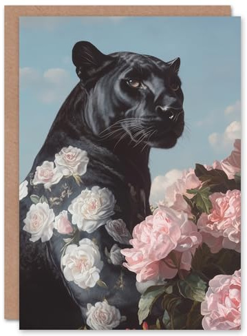 Artery8 Greeting Card Black Panther White Pink Roses Floral Portrait For Her Woman Birthday Card