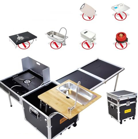 Campingküche mit Herd und Spüle für 2~4 Personen | Tragbarer Campingtisch mit Rollen, Campingtischen, Kochbox und Kochgeschirr-Set
