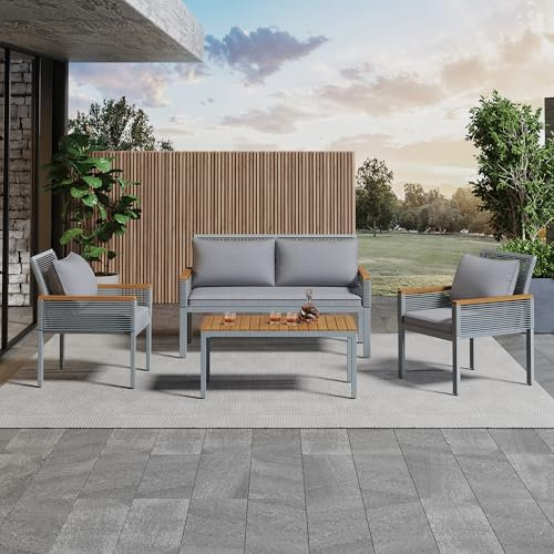 Merax Gartenlounge-Set aus Polyrattan, 4-teiliges Gartenmöbel-Set mit Doppelsofa, 2 Sesseln und Tisch, inklusive bequemer Kissen, Outdoor Rattanmöbel für Terrasse, Garten und Balkon, Grau