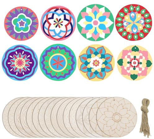 Tedasriyc 16 Stück 10cm Bastelset Holz Bemalen Kinder Anmalen,Unvollendete Blumen Geburtstags Basteln Kinder AnhäNger Jungen und MäDchen für Diy Handwerk Basteln Party Dekoration