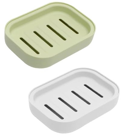 KOZOY Lot de 2 porte-savon pratiques en plastique, double couche amovible, avec drainage, nettoyage facile, idéal pour la salle de bain et la cuisine (blanc + vert clair)