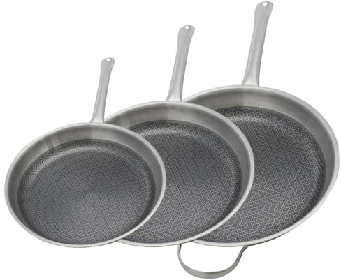 ELO 9349950 Lot de 3 Poêles 24, 28 et 32 cm en Acier Inoxydable 18-10, Poêle sans PFAS, Antiadhésive, Induction, Revêtement Antiadhésif Minéral sans PFAS, Inox 18-10, Aluminium, Gris, 24, 28 et 32 cm