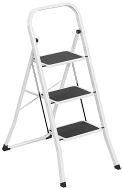 Aufun Escabeau pliable à 3 marches en acier allié, avec pédales antidérapantes, seulement 5 cm d'épaisseur, charge maximale de 150 kg, pas de montage nécessaire – pour cuisine, garage et bureau