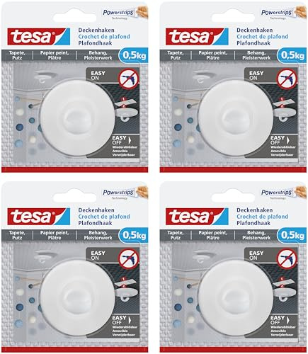 tesa Deckenhaken Tapeten und Putz - Selbstklebender Haken - Ideal Zur Befestigung Von Deko-Objekten - Spurlos Ablösbar, Weiß (Auf empfindlichen Oberflächen, 0,5 kg - 4 Haken)
