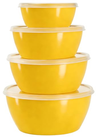 SCWBOEII 4-Piece Classic Plastic Prep Bowls with Lids, Nesting Plastic Small Mixing Bowl Set for Mixing, Baking, Prepping, Cooking and Serving Food, Microwave and Dishwasher Safe (Yellow)