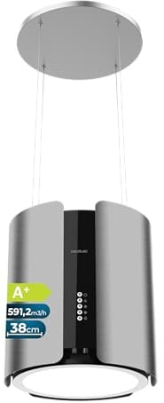 Cecotec Campana Extractora de Isla Redonda 38 cm Bolero Flux CRE 385500 Inox A+. Succión 591,2 m³/h, Control de Botones Electrónicos, Filtro de Carbono, Clase A+, Motor DC