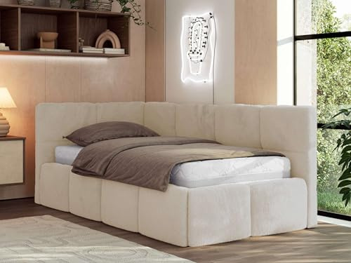 Jugendbett ARVO 90x200 cm mit Lattenrost und Bettkasten, Polsterbett mit gepolstertem Kopfteil und Gasdruckfedern, Eckbett mit Stauraum - mit Schaumstoffmatratze - Creme Plüsch - Linke Seite