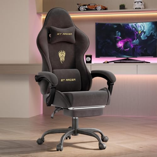 Verdego Silla Gaming con Masaje Lumbar y Reposapiés, Silla Gamer Ergonómica, Tela de Terciopelo, Reclinable 90-125°, Altura Ajustable 10cm, Giratoria 360°, Cadeira Gaming Oficina y Juegos (Negro)