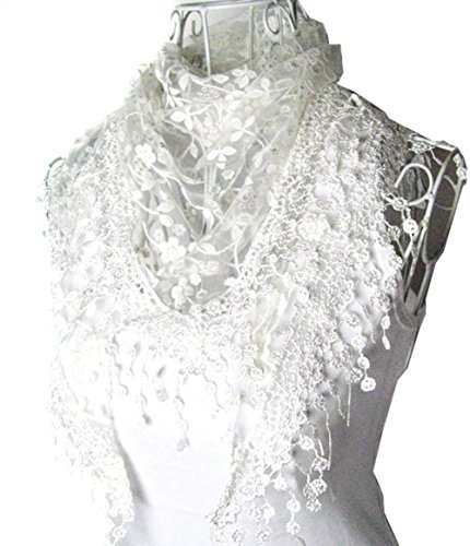 HugeStore Damen Frauen Spitze Quasten Schal Dreieckstuch Dreieckshalstuch Spitzenborte Weiß