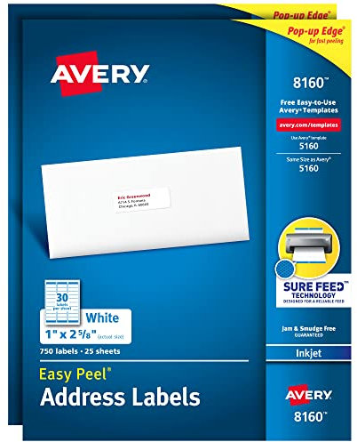 Avery 8160 Easy Peel Adress-Etiketten für Tintenstrahldrucker, 1 x 2 5/8 Zoll, Weiß, 750 Stück (2 Stück)