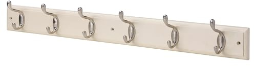 Keypak Cream Wall Mounted Coat Rack, 6 Satin Nickel Hooks with fixings | Wooden Board with Double Hooks for Coats, Hats, Bags, Tools Space Saving Wall Storage Organiser,