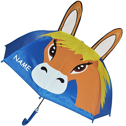 alles-meine.de GmbH 3-D Effekt Regenschirm - Pferd - Fohlen/Tier - inkl. Name - Kinderschirm Ø 74 cm - Kinder Stockschirm - großer Schirm für Mädchen Jungen - Kinderregen..