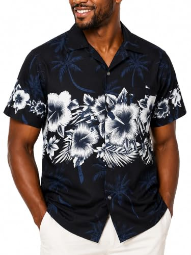 King Kameha Funky Hawaii-Hemd, Herren, Kurzarm, Flower-Chest, Schwarz, S