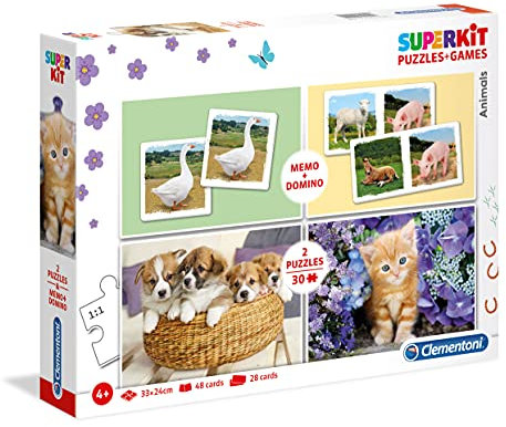 Clementoni 20240 Superkit Tiere – Puzzle- und Spieleset ab 4 Jahren, Memo- und Dominospiel sowie 2 Kinderpuzzle mit 30 Teilen, verschiedene Denkspiele für Kinder