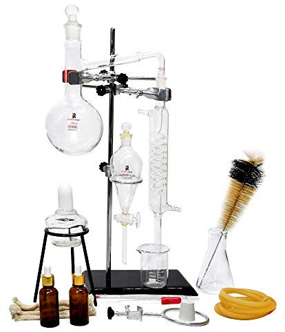 Professional 500ml Chemistry Glass Steam Distillation Apparatus DIY Essential Oil Distiller Kit Lab Glassware Kit with Thickened Flask Serpentine Condenser