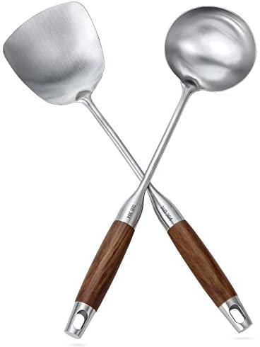 TsunNee Küchenhelfer-Set aus Edelstahl, Wok-Spatel und Suppenkelle, Set mit langem hitzebeständigem Holzgriff (35 x 9 cm, Silber)