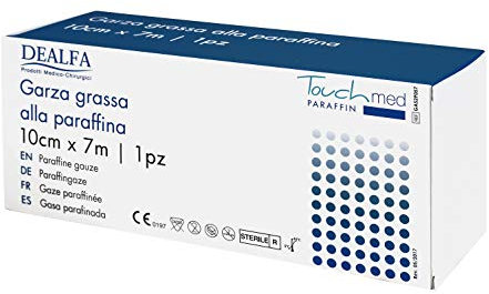 TOUCHMED Medicazione Sterile di Garza Grassa alla Paraffina - Rotolo cm 10x7 mt - 100% Puro Cotone - Favorisce il Naturale Processo di Guarigione della Ferita - Confezione singola da 1 Busta