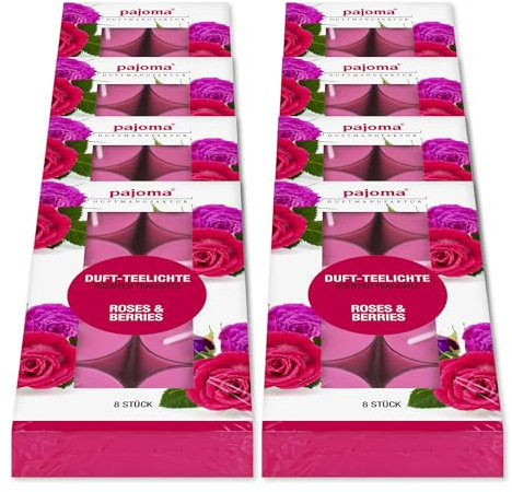 pajoma® Teelichte 8er Pack, Roses & Berries | 64 Duft-Teelichte in Polycarbonathülle, Brenndauer ca. 4 Stunden - Höhe 1,5 cm ø 3,5 cm | Premium Qualität | Deko, Gastronomie, Windgläser, Hochzeit
