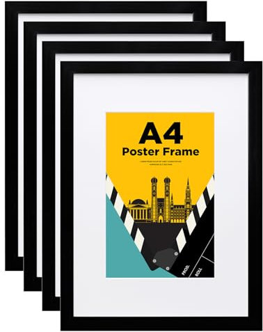Egofine Bilderrahmen A4,Holzrahmen mit Acrylglas, MDF-Rahmen 4er-Set, Passepartout für Fotos A5,Zertifikatsrahmen für Tisch- und Wandmontage, 21 x 29.7 cm Posterrahmen für Portrait,Schwarz