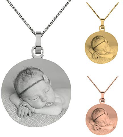 UHRENWELT Fotogravur Anhänger rund mit Kette und eigener Gravur Namen und Datum/Bildgravur mit Wunschgravur/Farbe Silber Edelstahl