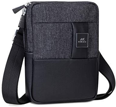 Rivacase Bandolera para tabletas de hasta 8 pulgadas – Bolso bandolera de piel sintética de alta calidad y poliéster con correa de hombro ajustable/8810 melange negro, Negro, S