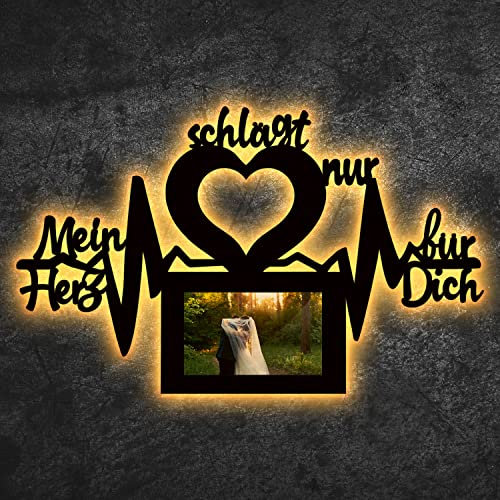 LEON FOLIEN Mein Herz schlägt nur für Dich LED mit Bilderrahmen Lasergravur Schlummerlicht für Schlafzimmer -Küche, Wohnen Wohnaccessoires Deko Wand in 13 Farben