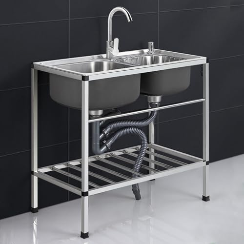 Freistehendes Doppelspülbecken aus Edelstahl für die gewerbliche Küche mit Kalt- und Warmwasserhähnen, Handwaschbecken für den Innen- und Außenbereich von Restaurants (72x38x75cm)