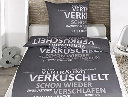 MB Warenhandel24 Bettwäsche Verkuschelt Anthrazit Renforcé 100% Baumwolle 135x200 Bettbezug + 80x80 Kissenbezug mit Reißverschluss (2 teilig)