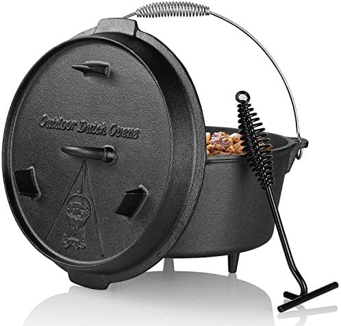 Dutch Oven 12,5L, BBQ Dutch Oven Set, Dickem Gusseisen Kochtopf mit Füßen & Deckelheber & Spiralförmiger Henkel, Bereits Eingebrannt Feuertopf, Bräter Multifunktional, für Kochen Braten Backen